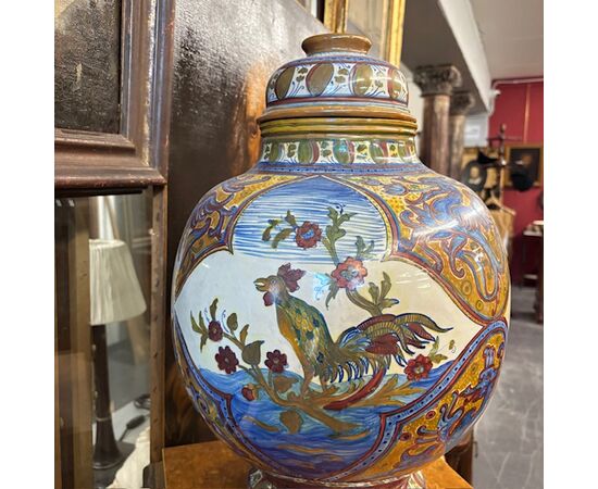 Antico grande vaso Potiche Santarelli Gualto Tadino 1920 Liberty con Gallo Altezza cm 48 