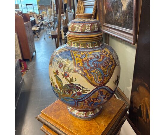 Antico grande vaso Potiche Santarelli Gualto Tadino 1920 Liberty con Gallo Altezza cm 48 