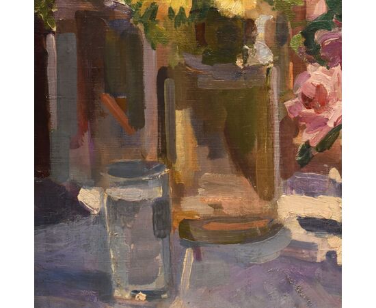 QUADRI ANTICHI, ART DECO, NATURA MORTA CON FIORI DI ROSE E MARGHERITE, OLIO SU TELA, XX SECOLO. (QF655)