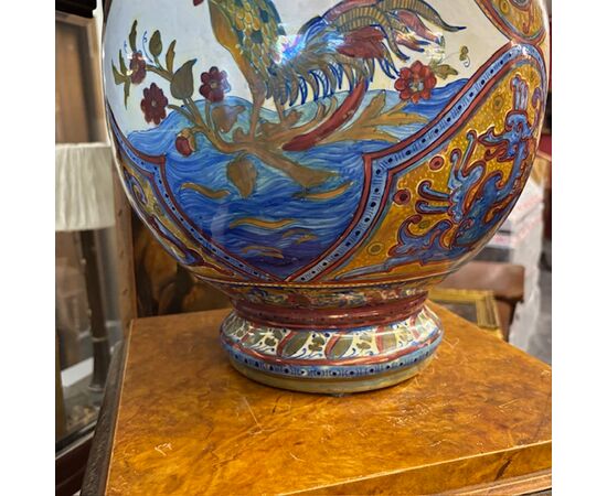 Antico grande vaso Potiche Santarelli Gualto Tadino 1920 Liberty con Gallo Altezza cm 48 