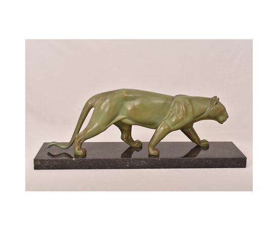 ART DÉCO, ANTICHE SCULTURE IN ANTIMONIO, PANTERA, MARCEL LEDUCQ, SCULTORE FRANCESE. (STAN95)