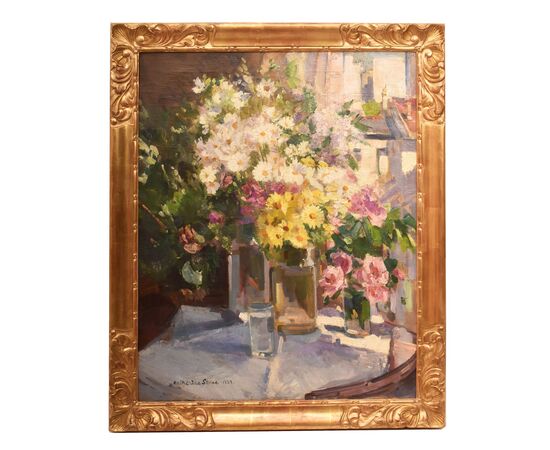 QUADRI ANTICHI, ART DECO, NATURA MORTA CON FIORI DI ROSE E MARGHERITE, OLIO SU TELA, XX SECOLO. (QF655)