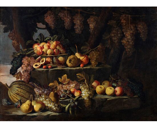 Maestro dei frutti su piani inclinati,  Natura morta di frutta all’aperto Roma 1660 – 1670