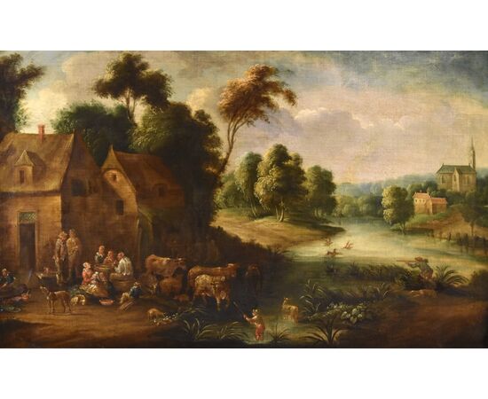 Paesaggio fluviale con villaggio, Théobald Michou (Tournai, 1676 – Anversa, 1765)