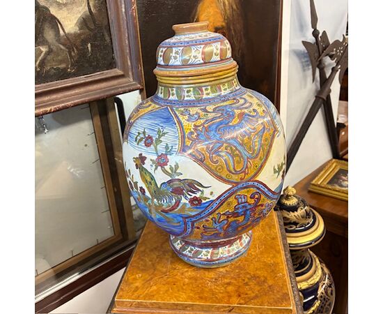 Antico grande vaso Potiche Santarelli Gualto Tadino 1920 Liberty con Gallo Altezza cm 48 