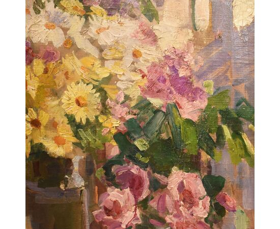 QUADRI ANTICHI, ART DECO, NATURA MORTA CON FIORI DI ROSE E MARGHERITE, OLIO SU TELA, XX SECOLO. (QF655)