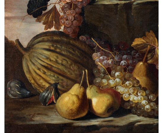 Maestro dei frutti su piani inclinati,  Natura morta di frutta all’aperto Roma 1660 – 1670