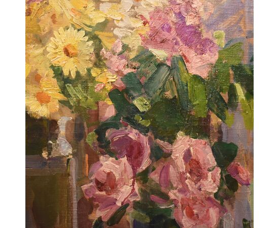 QUADRI ANTICHI, ART DECO, NATURA MORTA CON FIORI DI ROSE E MARGHERITE, OLIO SU TELA, XX SECOLO. (QF655)