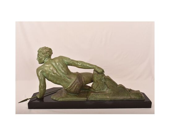 ART DÉCO, ANTICHE SCULTURE IN ANTIMONIO, UOMO CON LANCIA, RONCOURT, SCULTORE FRANCESE. (STAN94)