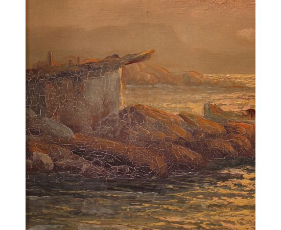 Dipinto marina firmata Remo Testa, pescatori al tramonto