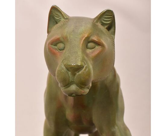 ART DÉCO, ANTICHE SCULTURE IN ANTIMONIO, PANTERA, MARCEL LEDUCQ, SCULTORE FRANCESE. (STAN95)