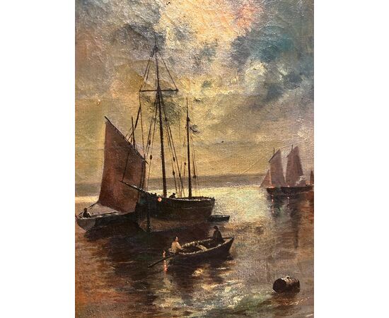 Olio su tela francese della seconda metà dell’800 – Marina notturna con veliero al chiaro di luna