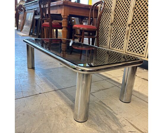 Tavolino da fumo anni 70 cromato e vetro fumè – modello Sesann Frattini per Cassina .mis120 x 60 x 35 