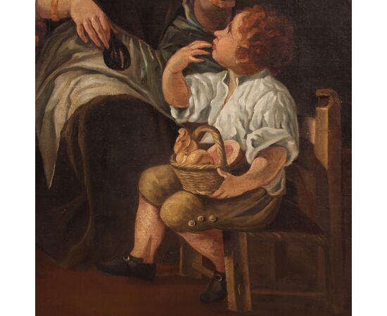Grande dipinto italiano del XVIII secolo, scena di genere con natura morta