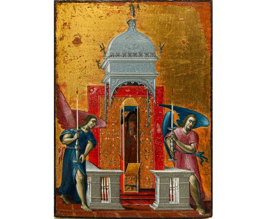 XVIII Secolo, Scuola russa, Icona raffigurante le reliquie di San Spiridione di Trimitonte conservate nel tempio di Kerkyra 