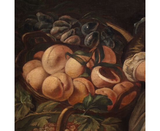 Grande dipinto italiano del XVIII secolo, scena di genere con natura morta