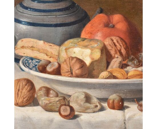 DIPINTI ANTICHI, NATURA MORTA CON FRUTTA E FORMAGGIO, OLIO SU TELA, XIX SECOLO. (QNM654)