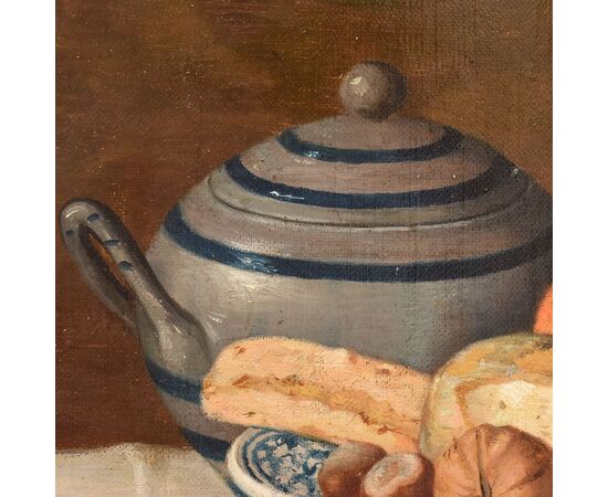 DIPINTI ANTICHI, NATURA MORTA CON FRUTTA E FORMAGGIO, OLIO SU TELA, XIX SECOLO. (QNM654)