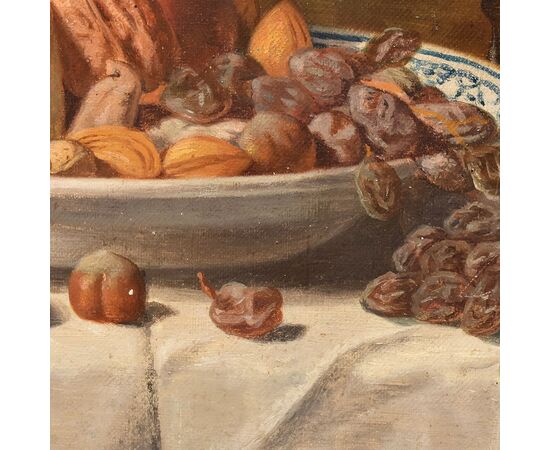 DIPINTI ANTICHI, NATURA MORTA CON FRUTTA E FORMAGGIO, OLIO SU TELA, XIX SECOLO. (QNM654)