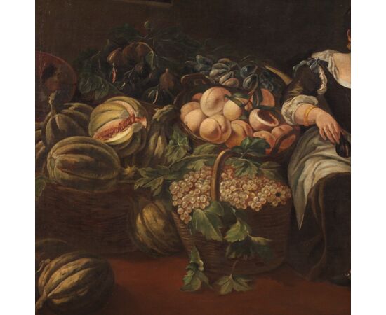 Grande dipinto italiano del XVIII secolo, scena di genere con natura morta