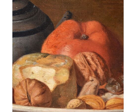 DIPINTI ANTICHI, NATURA MORTA CON FRUTTA E FORMAGGIO, OLIO SU TELA, XIX SECOLO. (QNM654)