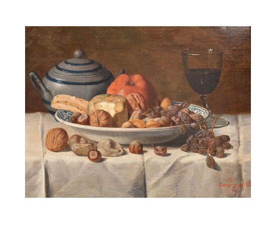 DIPINTI ANTICHI, NATURA MORTA CON FRUTTA E FORMAGGIO, OLIO SU TELA, XIX SECOLO. (QNM654)