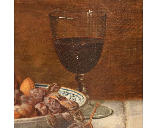 DIPINTI ANTICHI, NATURA MORTA CON FRUTTA E FORMAGGIO, OLIO SU TELA, XIX SECOLO. (QNM654)