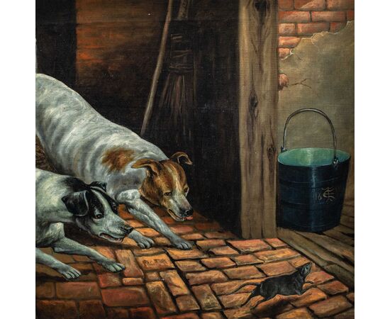 Pittore britannico (datato 1899) - Cani inseguono il topo.