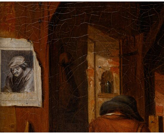 Cerchia di David Teniers (Anversa, 1610 – Bruxelles, 1690), Interno con figure di popolani 