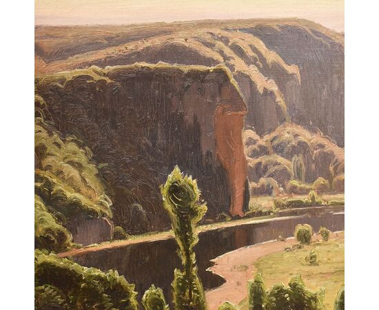DIPINTI ANTICHI PAESAGGI E FIUME, VALLE DI CORREZE, DIDIER POUGET, OLIO SU TELA, INIZIO XX. (QP657)   