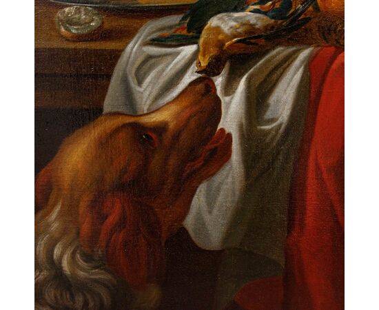 Carstian Luyckx (1627-1675 circa), Natura morta con pappagallo, scimmia e personaggio dietro la finestra