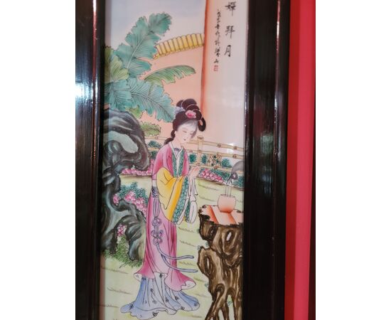 4 decorazioni su ceramica Cina Epoca '900 cornice legno ebanizzato