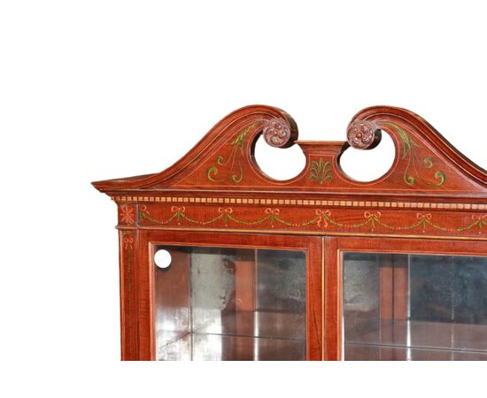 Piccola Vetrina Inglese Stile Sheraton in legno di mogano con pitture metà 1800