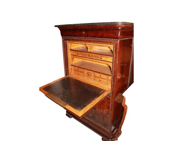 Secretaire stile Carlo X in Piuma di Mogano Francese del 1800 con Marmo