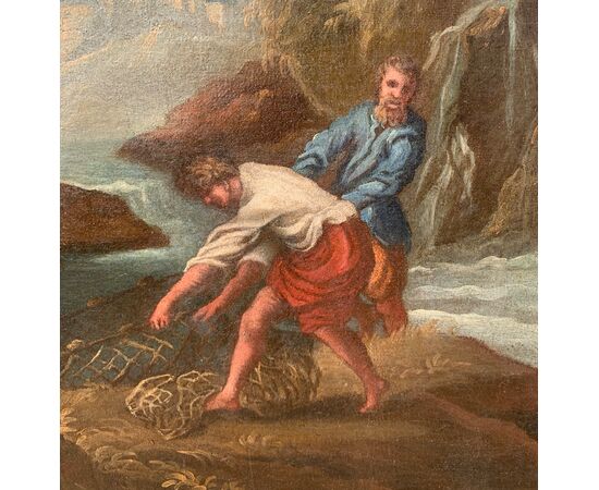 Pittore italiano (XVII-XVIII secolo) - Paesaggio fluviale con pescatori. 