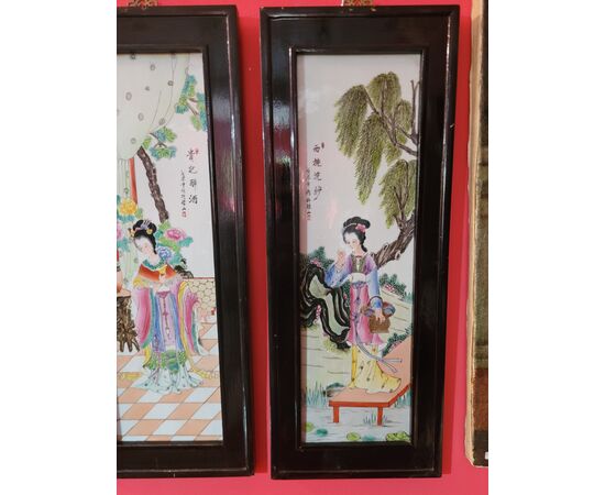 4 decorazioni su ceramica Cina Epoca '900 cornice legno ebanizzato