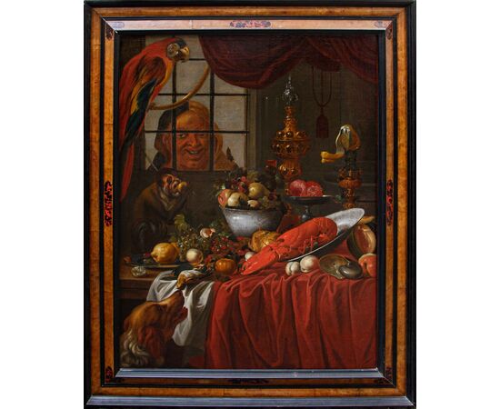 Carstian Luyckx (1627-1675 circa), Natura morta con pappagallo, scimmia e personaggio dietro la finestra