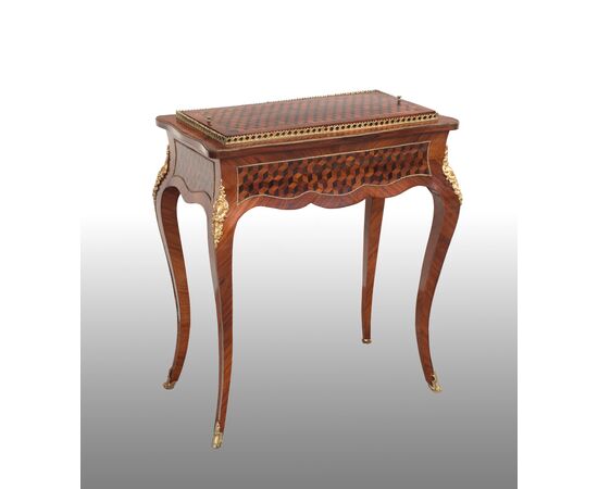 Tavolino-Fioriera antica Napoleone III Francese in legni policromi con applicazioni in bronzo dorato periodo XIX secolo.