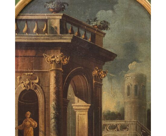 Dipinto italiano veduta con architetture e personaggi del XVIII secolo