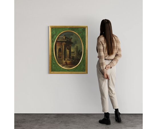 Dipinto italiano veduta con architetture e personaggi del XVIII secolo
