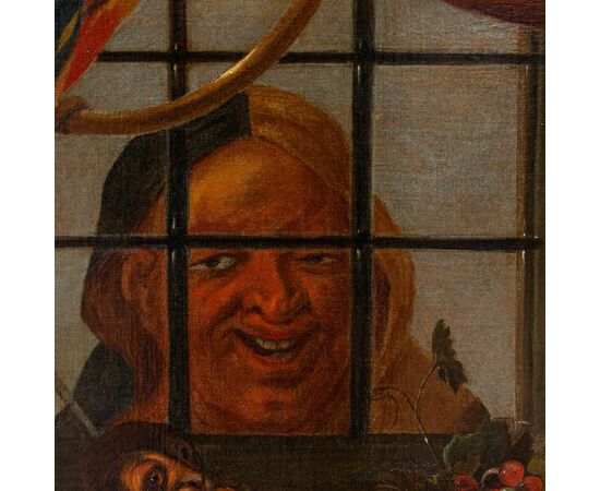 Carstian Luyckx (1627-1675 circa), Natura morta con pappagallo, scimmia e personaggio dietro la finestra