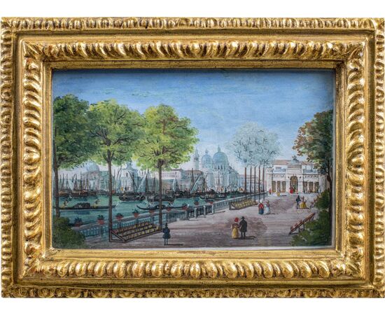 Pittore veneziano (inizio XIX sec.) - Venezia, veduta dei giardini con la Coffee House verso la Basilica di S. M. della Salute.