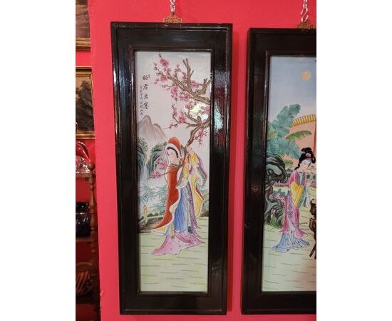 4 decorazioni su ceramica Cina Epoca '900 cornice legno ebanizzato