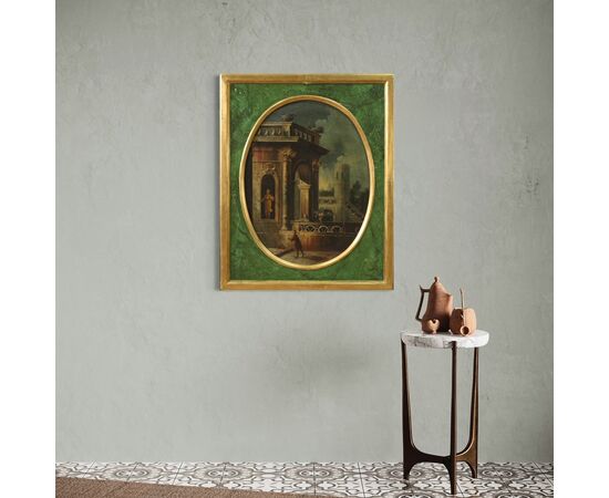 Dipinto italiano veduta con architetture e personaggi del XVIII secolo