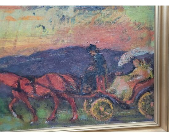 Dipinto Olio su tela " La passeggiata " Arturo Checchi 1937