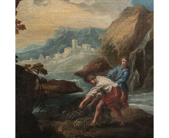 Pittore italiano (XVII-XVIII secolo) - Paesaggio fluviale con pescatori. 