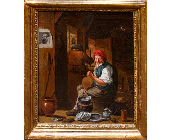 Cerchia di David Teniers (Anversa, 1610 – Bruxelles, 1690), Interno con figure di popolani 
