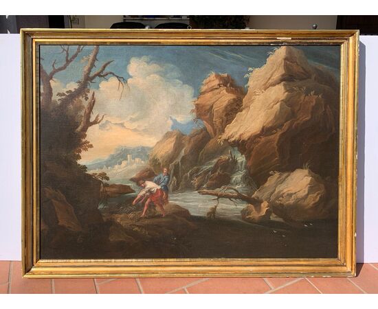 Pittore italiano (XVII-XVIII secolo) - Paesaggio fluviale con pescatori. 