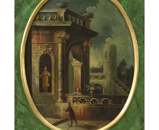 Dipinto italiano veduta con architetture e personaggi del XVIII secolo