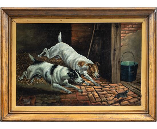 Pittore britannico (datato 1899) - Cani inseguono il topo.